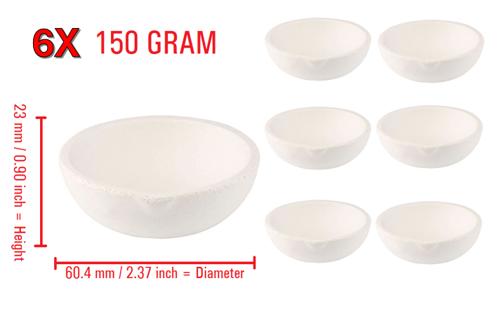 Set of 6 ceramic alumina crucibles, each 150 grams, ideal for melting gold, silver, and copper.