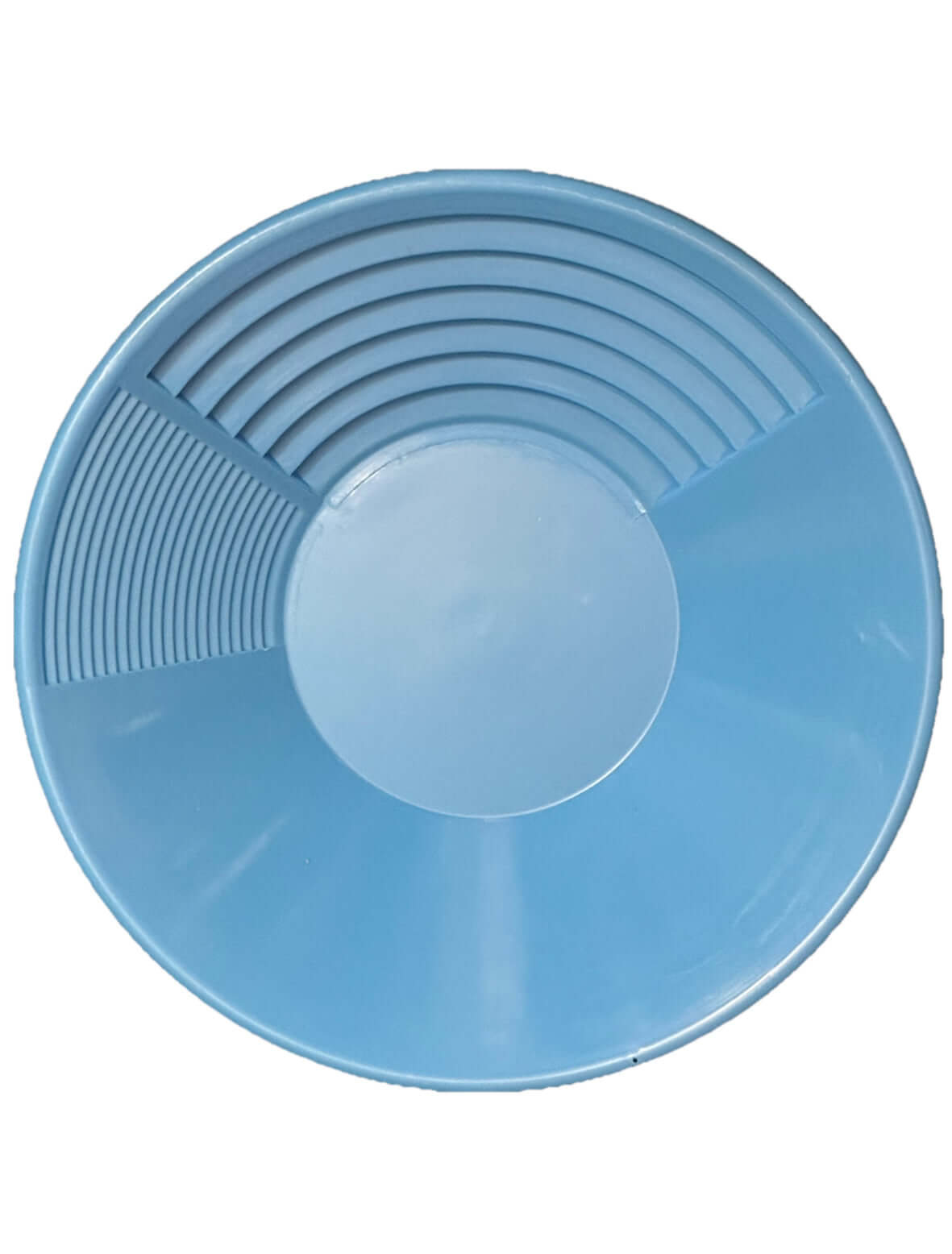 14-inch blue gold pan with dual riffles for gold prospecting and treasure hunting.