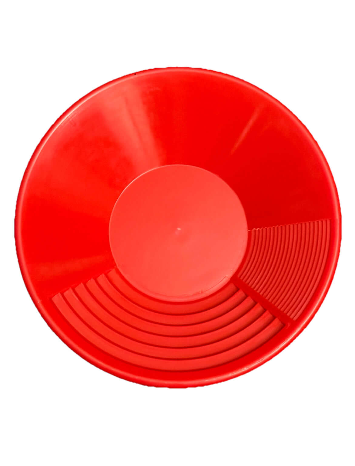 Red 14-inch gold pan with dual riffles, designed for effective gold prospecting and easy dirt sifting.