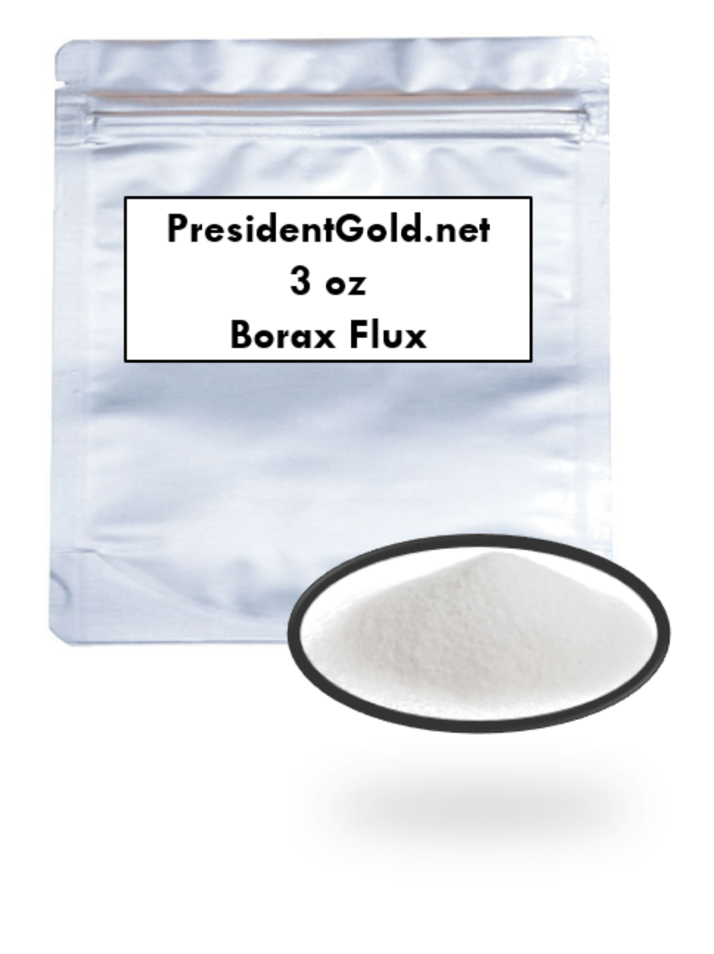3 oz Borax Flux packaged for jewelry refining and metal melting, featuring a smooth white powder.