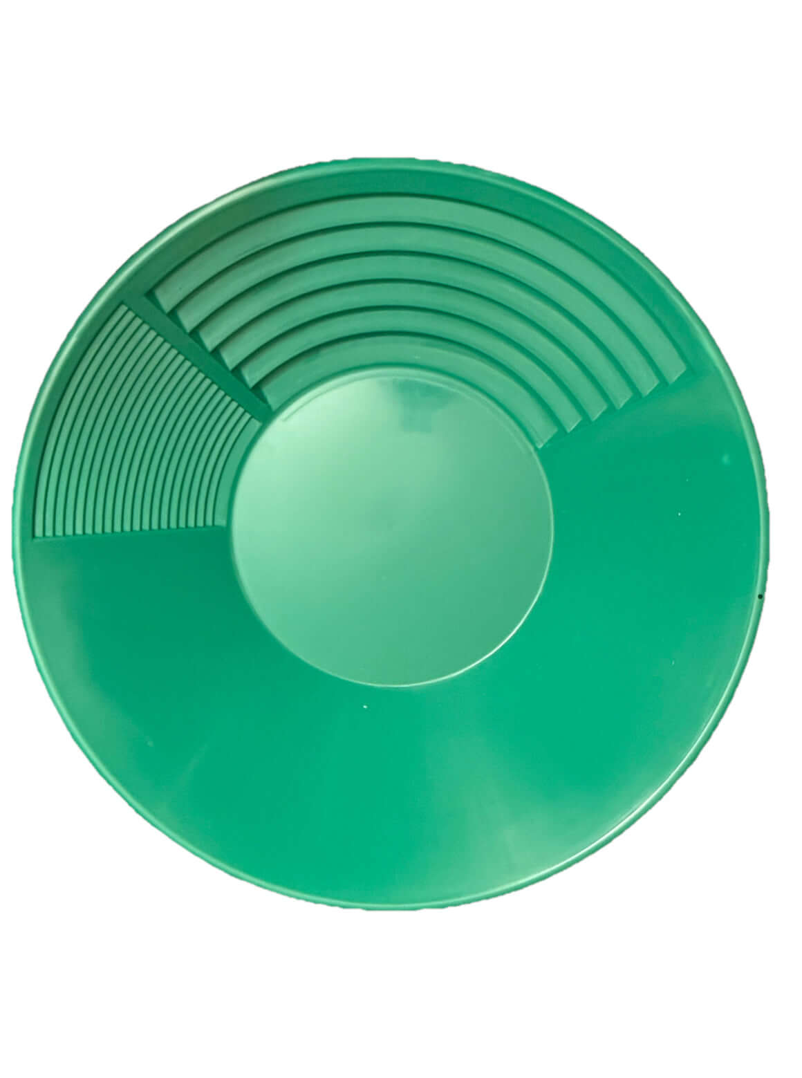 14-inch multicolored gold pan with dual riffles for prospecting, made of lightweight plastic, perfect for beginners.
