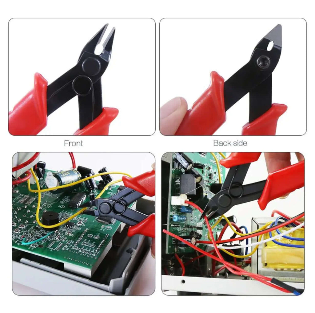Electrical cutting pliers shown from front and back, used for precise wire cutting in electronics and jewelry making.