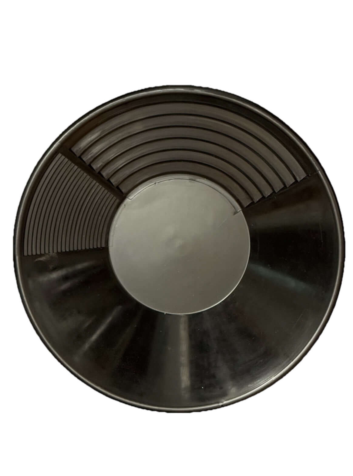 Black 14-inch gold pan with dual riffles for effective gold prospecting and easy dirt sifting.