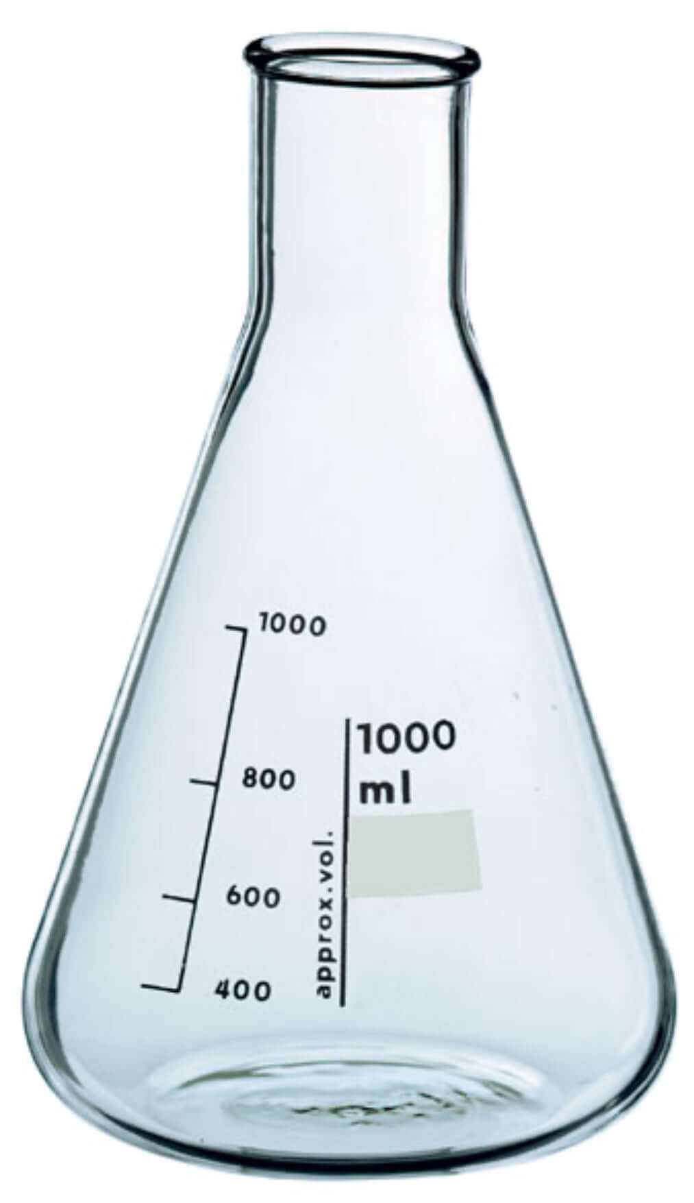 1000ml conical Erlenmeyer flask made of thick walled 3.3 borosilicate glass with measurement markings.