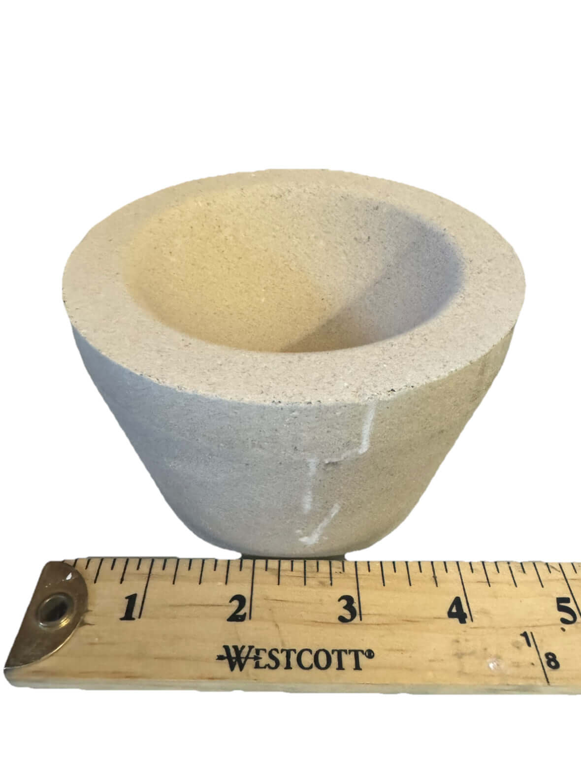 Mabor Magnesia cupel tapered set for gold and silver refining, showing measurement next to a ruler.