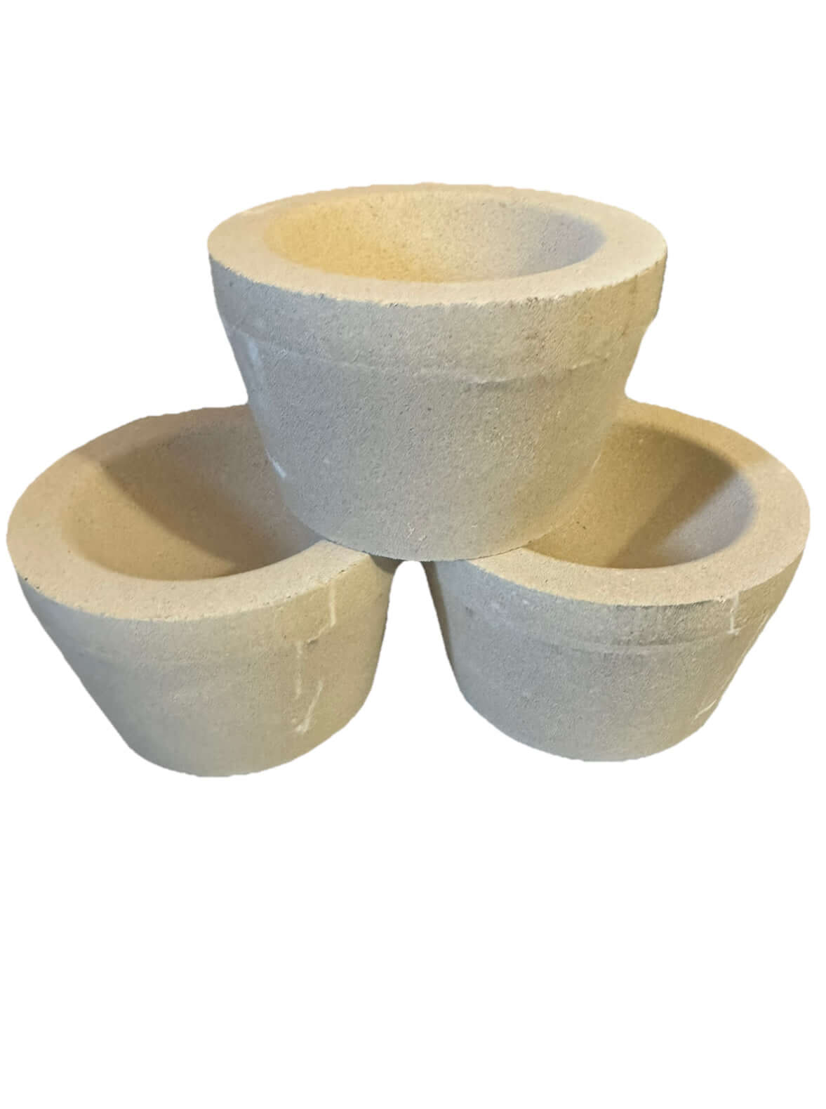 Set of three tapered Mabor Magnesia Cupels for gold and silver refining, offering durability and heat resistance.