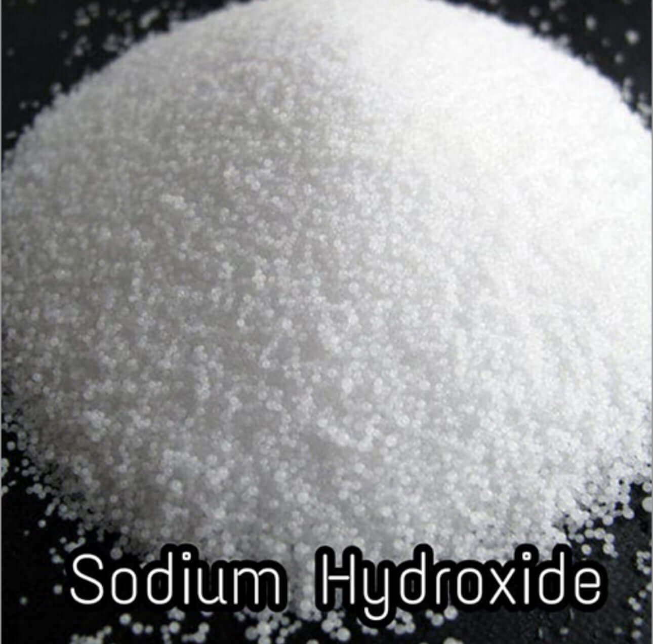 White granules of Sodium Hydroxide (NaOH), ACS Grade 97.0%, commonly used in labs and industrial applications.