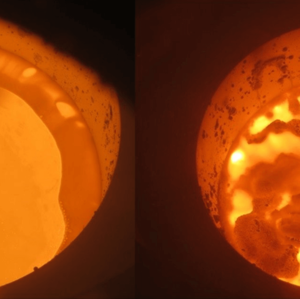 Molten metal during smelting process, showcasing flux melting and purification for gold and silver assay.