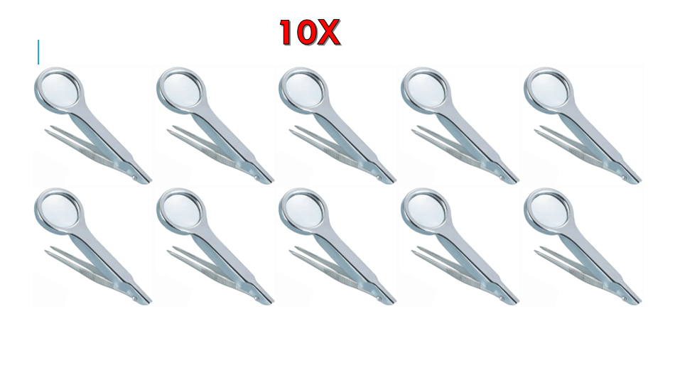 Set of 10 portable splinter tweezers with a circular grip, ideal for precise handling and inspection.