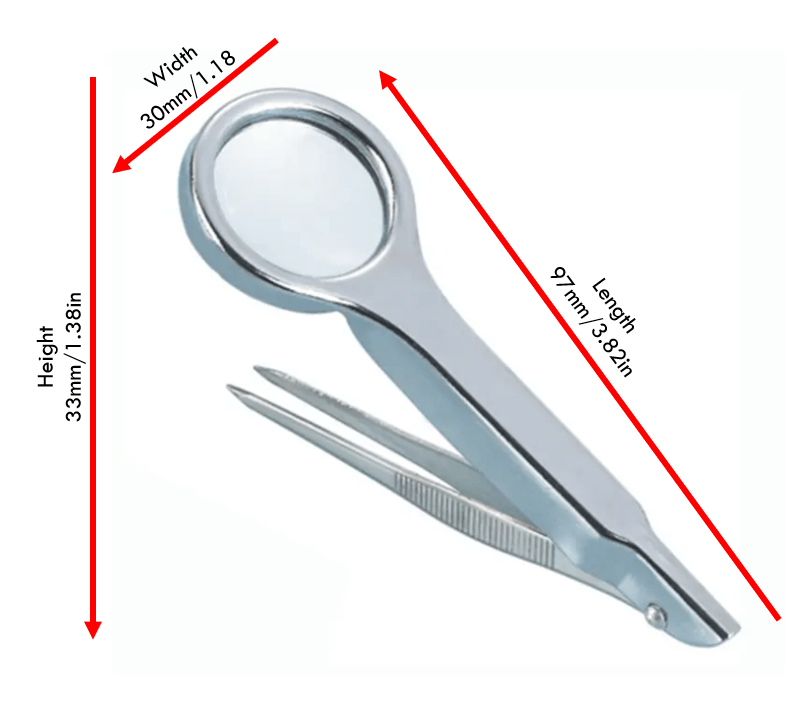 Mini portable handheld magnifying glass with splinter tweezers for jewelry inspection, 33mm height, 30mm width, 97mm length.