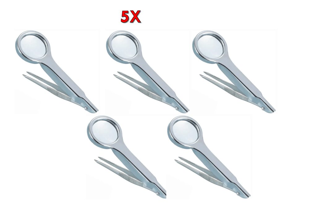 Set of 5 Mini Portable Repairing Handheld Magnifying Glasses with Splinter Tweezers for detailed inspection.