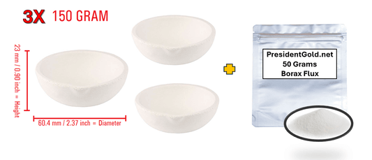 Set of 3 ceramic alumina crucibles (150 grams each) with 50 grams of Borax flux for melting precious metals.