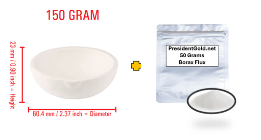 150 gram ceramic alumina crucible with 50 grams of borax flux for melting gold, silver, and copper alloys.