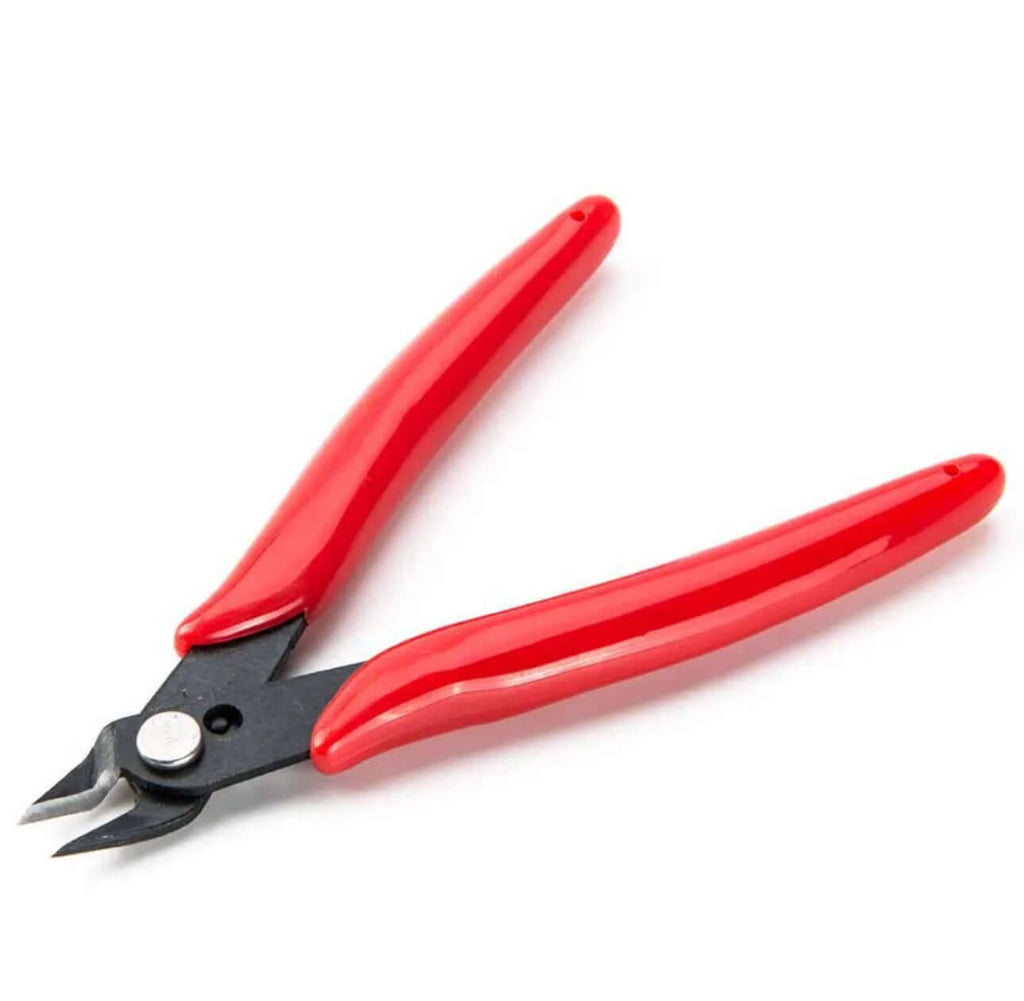 Red-handled flush cutting pliers for precise wire cutting in jewelry making and electronics.