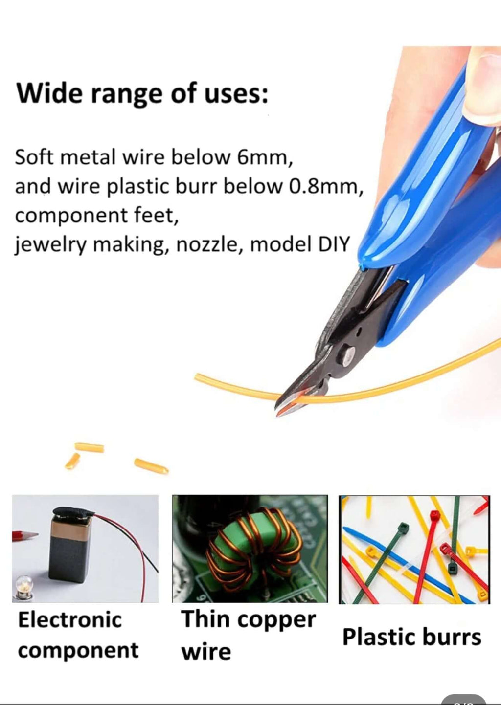 Electrical cutting pliers in use for wire cutting, ideal for jewelry making and electronics with various wire types.