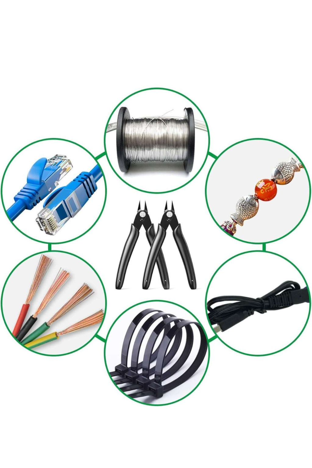 Image showcasing electrical tools including pliers, wires, and jewelry-making materials in a circular layout.