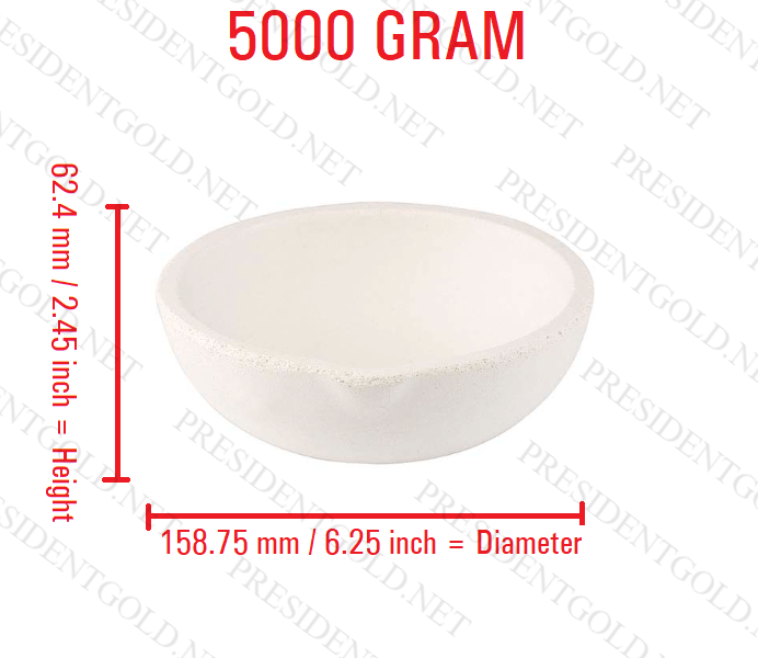 5000 gram ceramic alumina crucible melting dish for gold silver copper alloys, height 62.4 mm, diameter 158.75 mm.