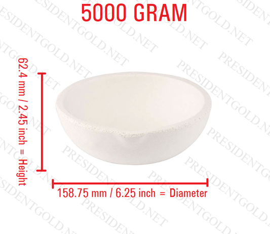 5000 gram ceramic alumina crucible melting dish for gold silver copper alloys, height 62.4 mm, diameter 158.75 mm.