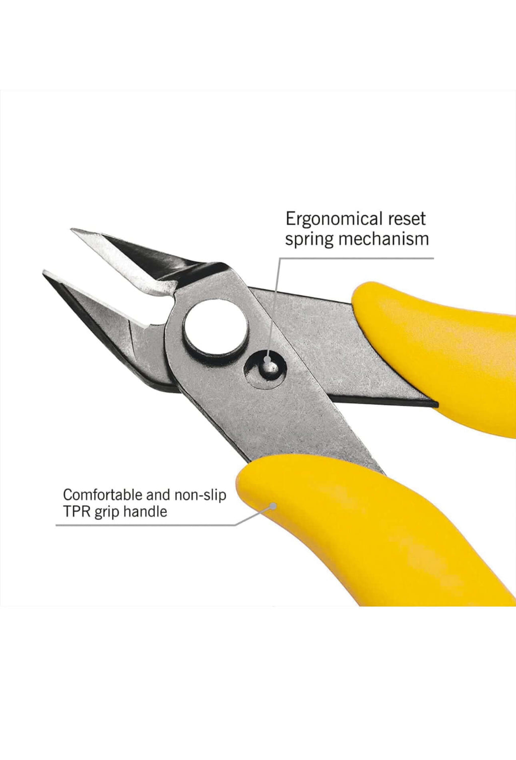 Close-up of electrical cutting pliers with ergonomic TPR grip handle and sharp cutting blades for precise wire cutting.