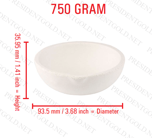 750 gram ceramic alumina crucible melting dish for precious metal casting, 93.5 mm diameter, 35.95 mm height.