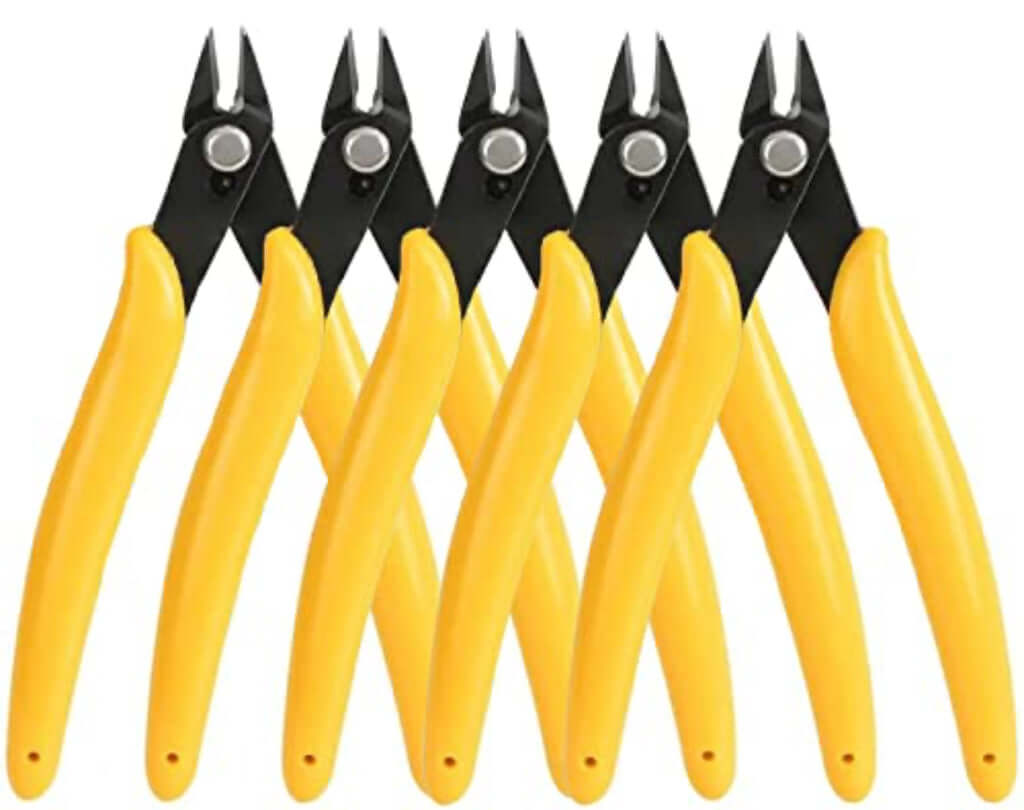 Set of six yellow handled electrical cutting pliers with flush cutting blades for precise wire cutting.