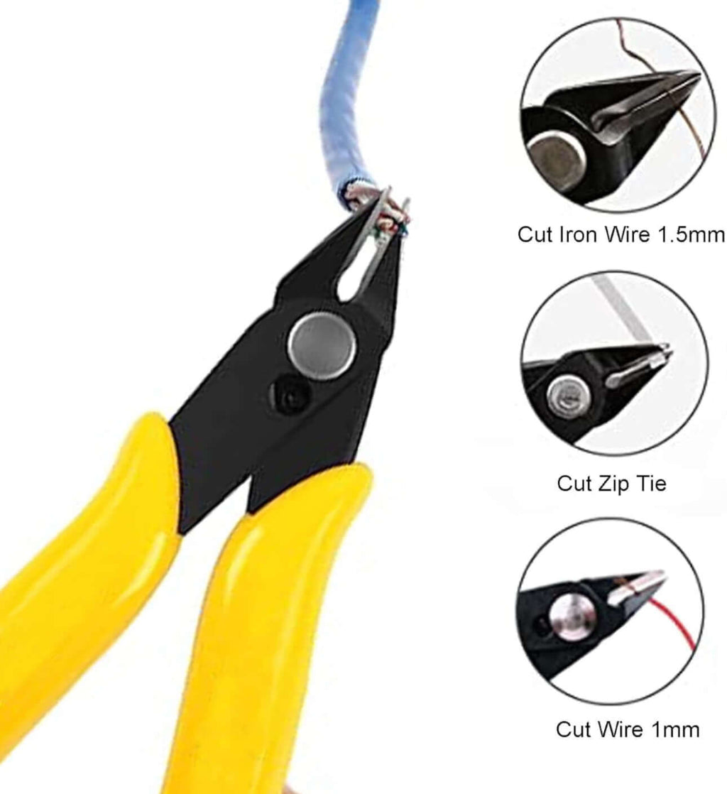 Electrical cutting pliers with yellow handles, designed for cutting wire, zip ties, and other materials.