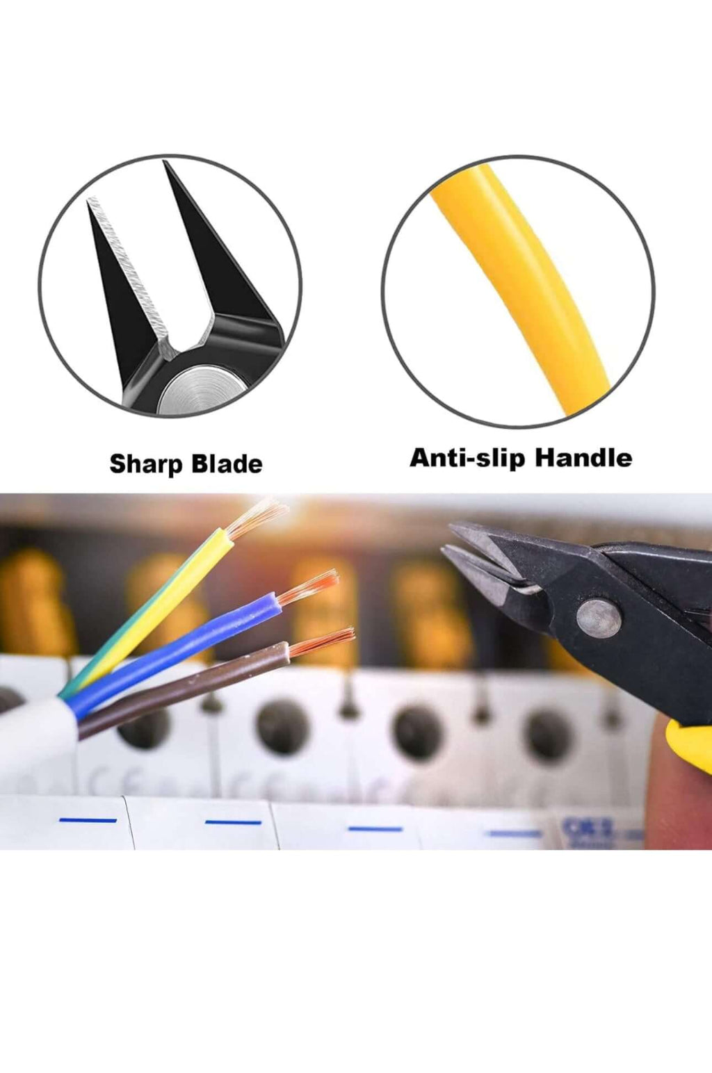 Close-up of Electrical Jewelry Cutting Plier showcasing sharp blade and anti-slip handle with colorful wires.