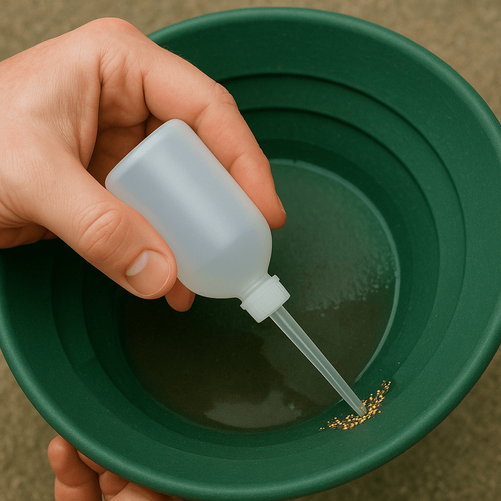 Person using a 4oz clear snuffer bottle to collect gold flakes from a green panning bowl.