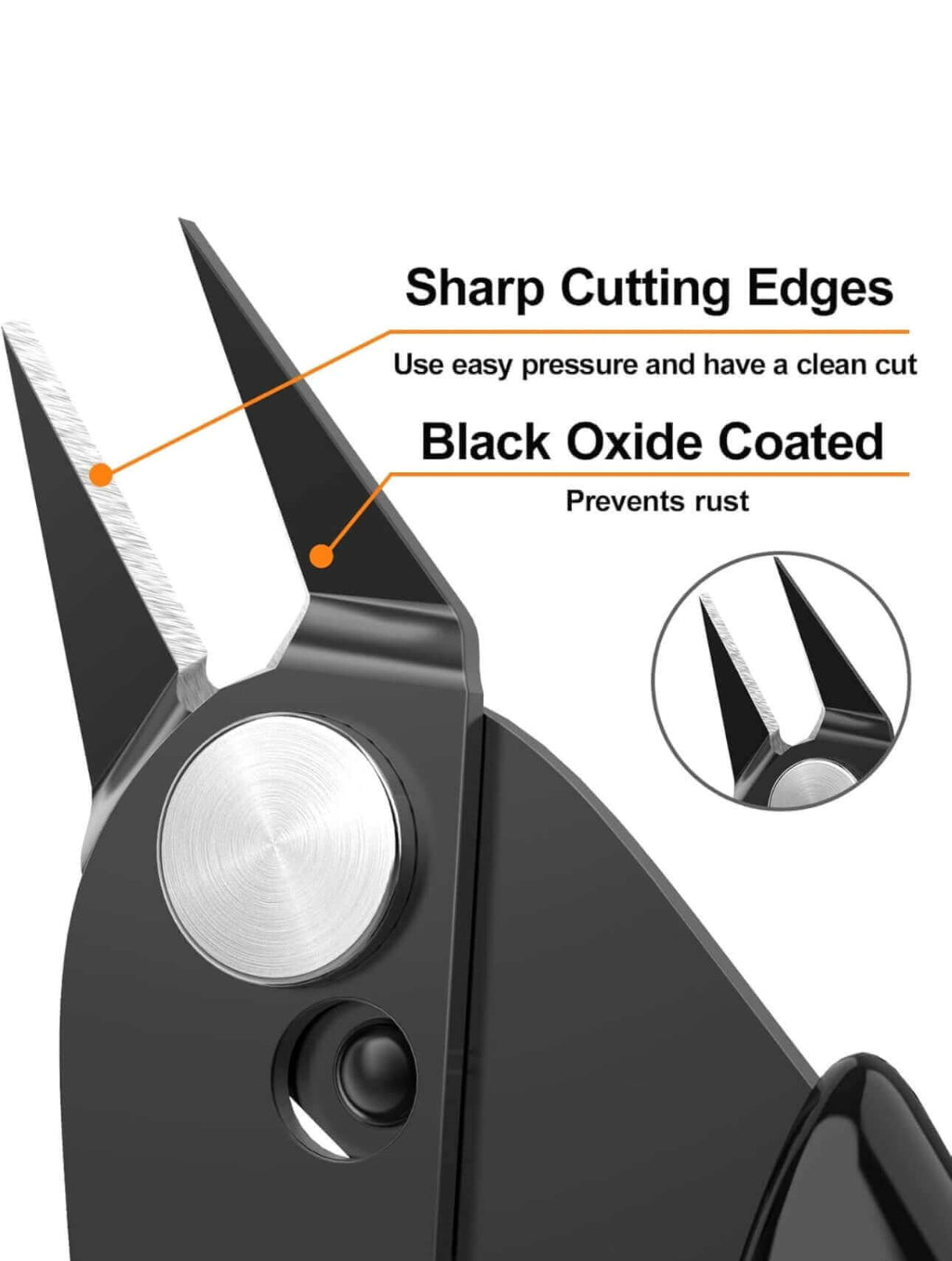 Close-up of black oxide coated cutting pliers with sharp edges, designed for precise wire cutting.