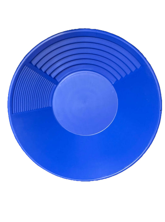 14-inch blue gold pan with dual riffles for gold prospecting, designed for beginners and seasoned users.