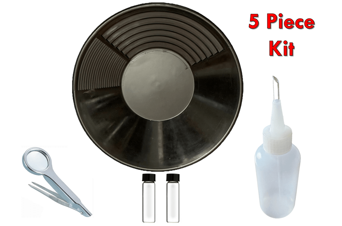 5 piece gold panning kit featuring a pan, bottles, scissors, and a squeeze bottle for effective gold prospecting.