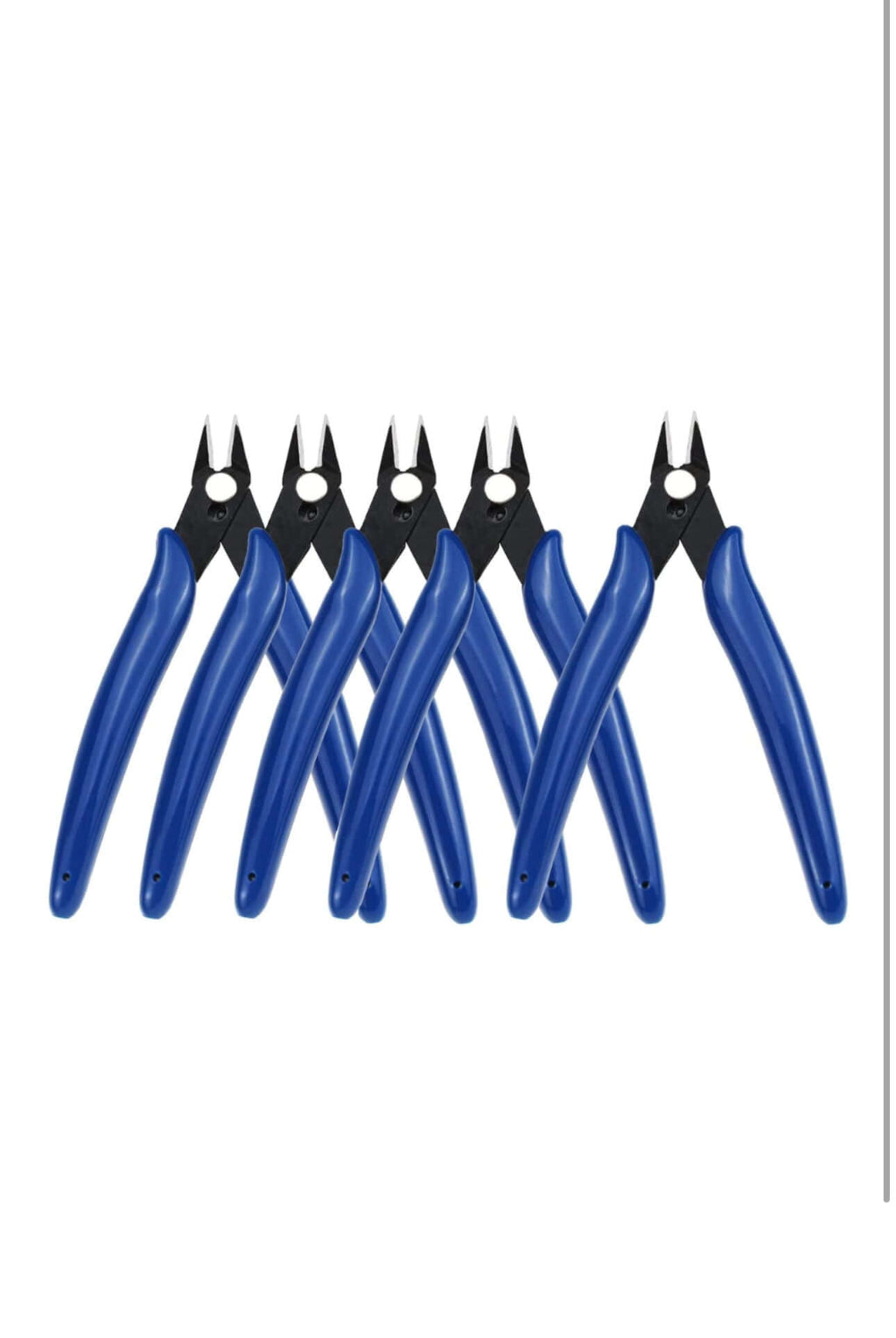 Set of six blue handled flush cutting pliers, perfect for electrical and jewelry wire cutting.