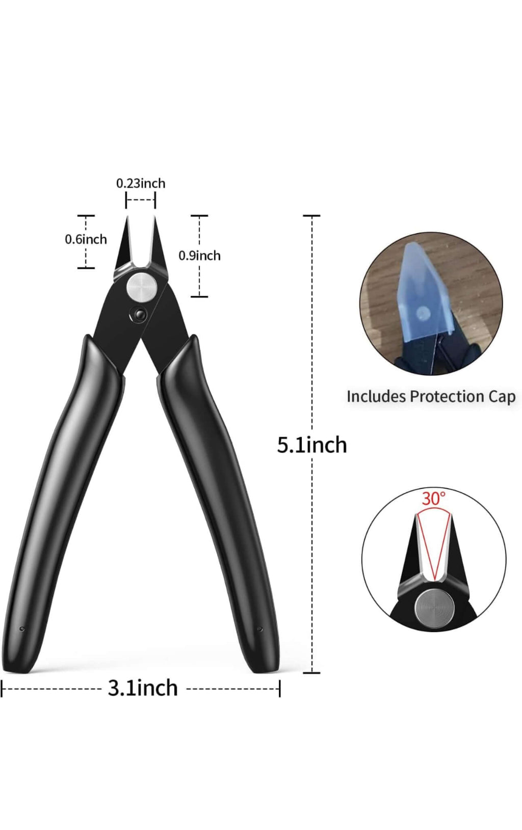 Black electrical cutting pliers, 5.1 inches tall, with protective cap, designed for precise wire cutting and jewelry making.