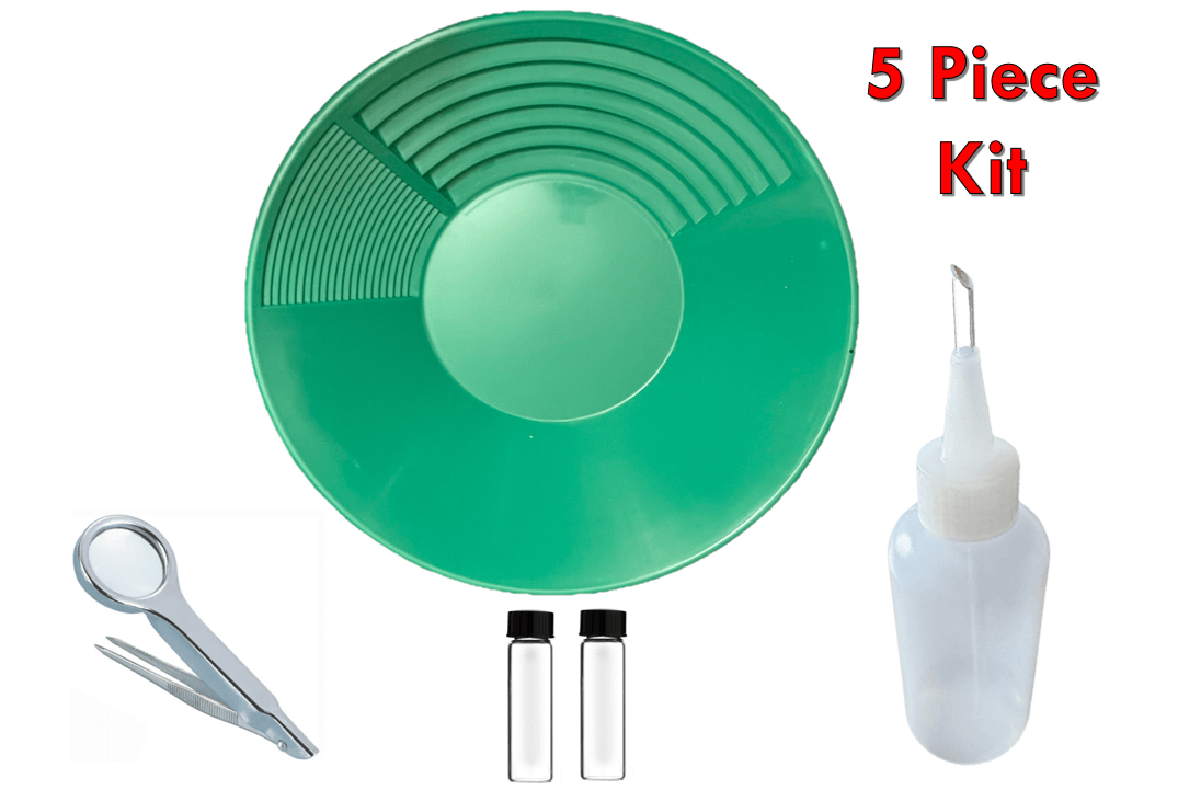 Gold panning 5 piece kit featuring a green pan, bottles, tweezers, and a squeeze bottle for gold prospecting fun.