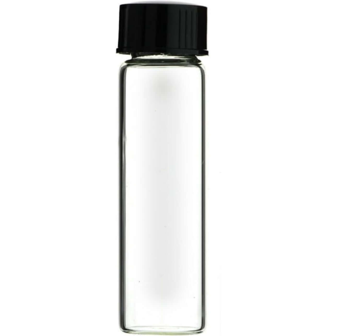 Clear glass vial with black cap for storing samples or liquids.