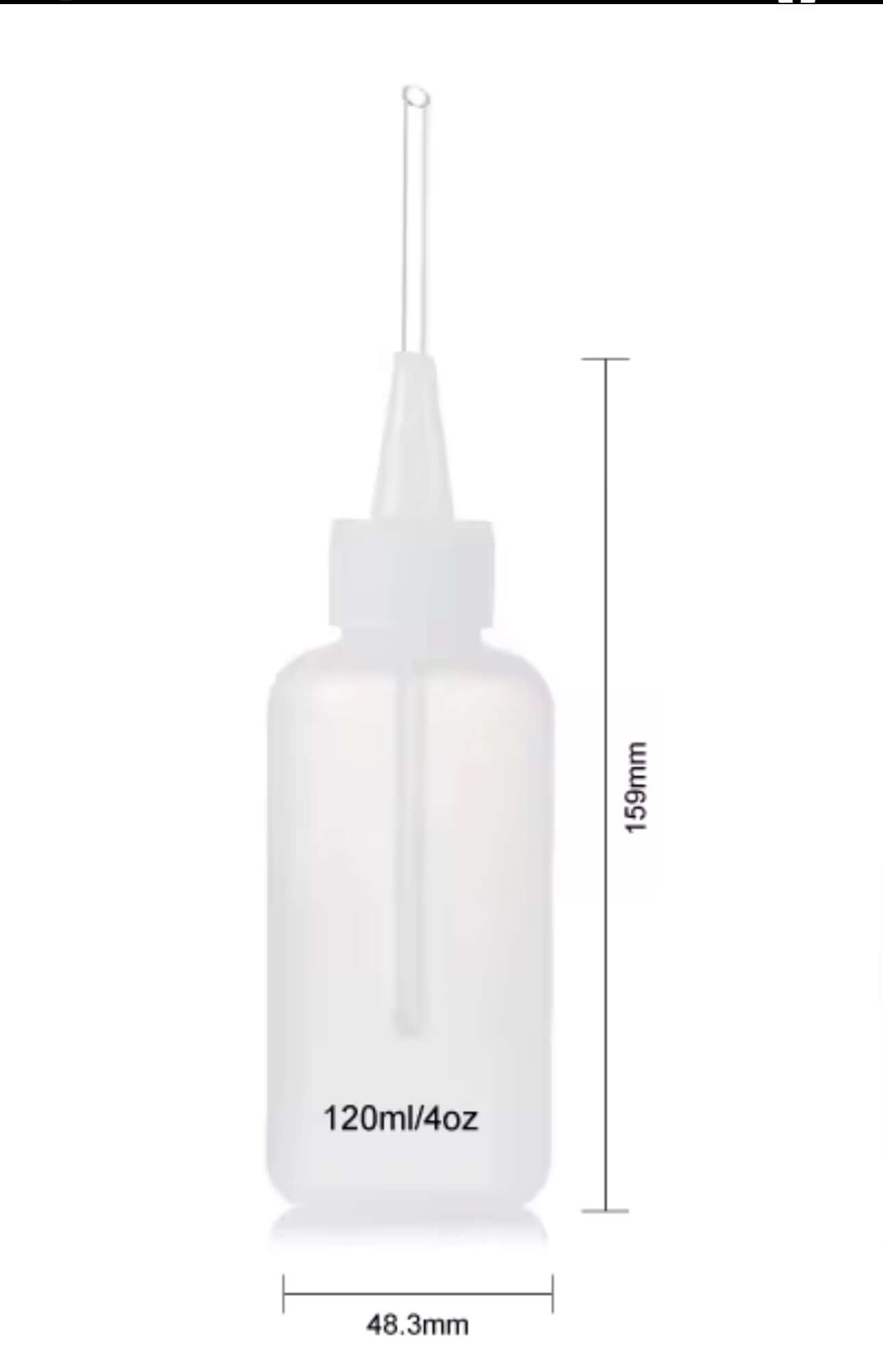 120ml 4oz clear snuffer bottle with precise spout for gold panning collection and recovery, showcasing dimensions.