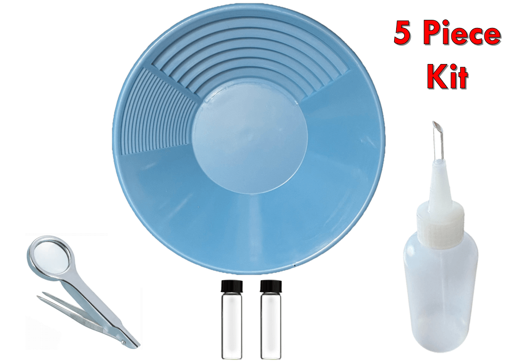 5 piece gold panning kit including blue pan, vials, scissors, and squeeze bottle for gold prospecting.