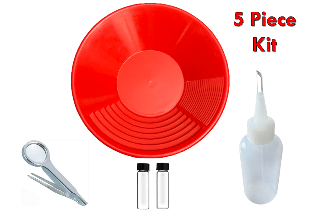 5 piece gold panning kit including red pan, scissors, sample vials, and squeeze bottle for gold prospecting.
