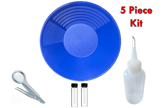 Gold panning 5 piece kit including blue pan, vials, scissors, and squeeze bottle for gold prospecting.