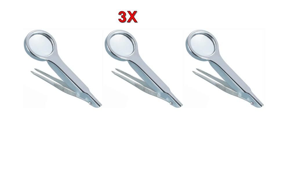Set of three mini portable handheld magnifying glasses with splinter tweezers for jewelry inspection and detail work.